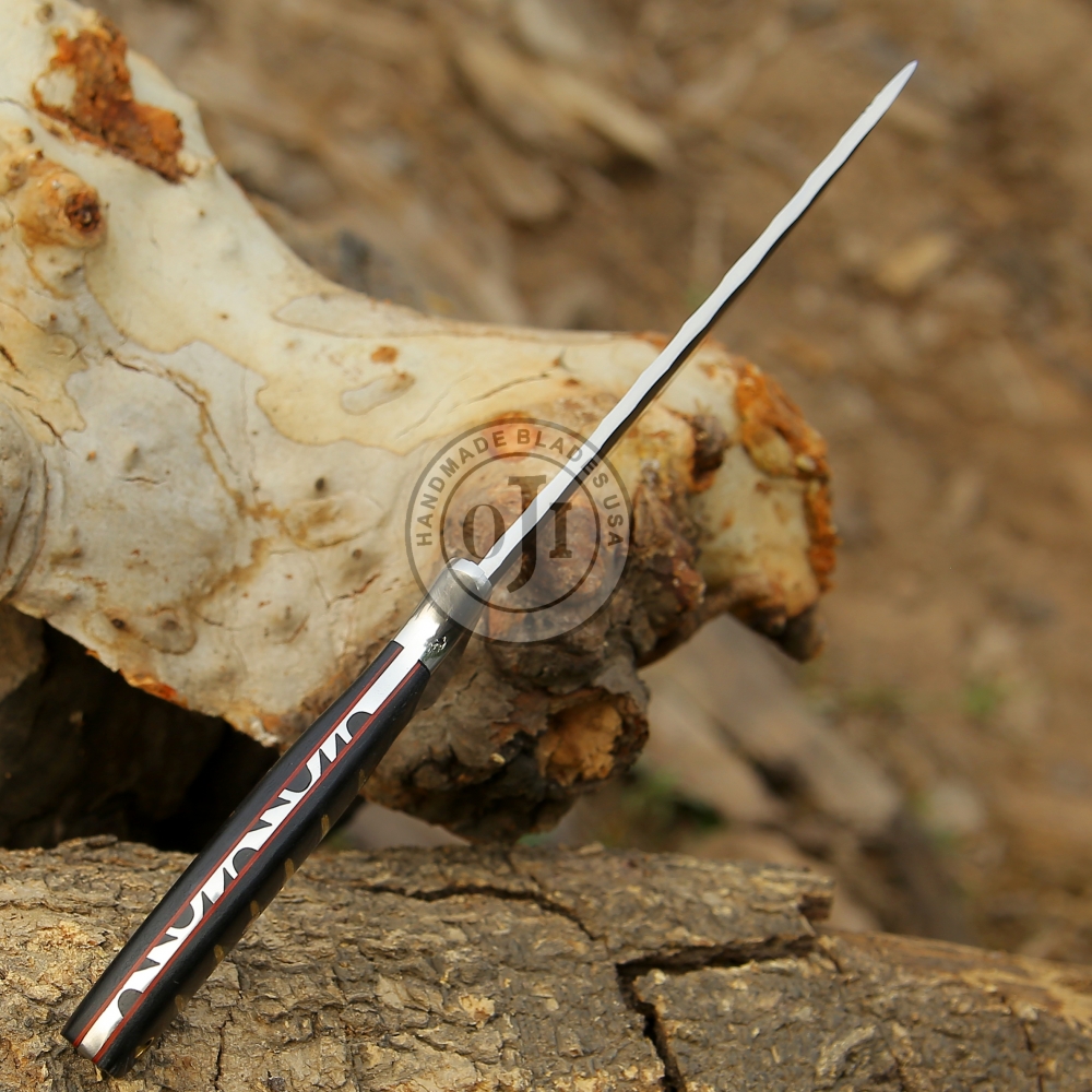 TANTO D2 Tool Steel Hammered Knife & Black Stick Micarta Handle W Genuine Cowhide Leather Sheath