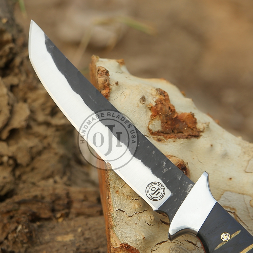 TANTO D2 Tool Steel Hammered Knife & Black Stick Micarta Handle W Genuine Cowhide Leather Sheath