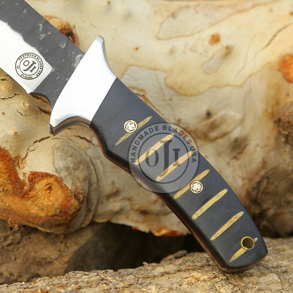 TANTO D2 Tool Steel Hammered Knife & Black Stick Micarta Handle W Genuine Cowhide Leather Sheath