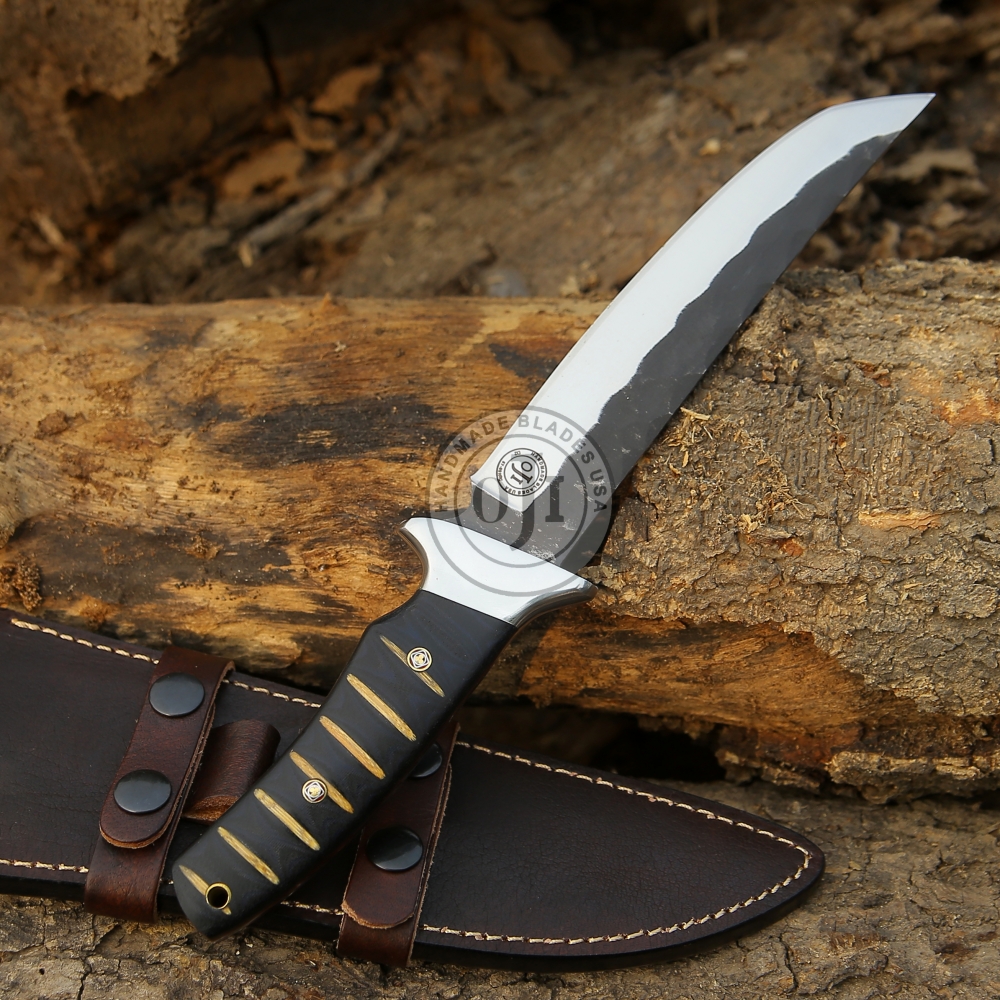 TANTO D2 Tool Steel Hammered Knife & Black Stick Micarta Handle W Genuine Cowhide Leather Sheath