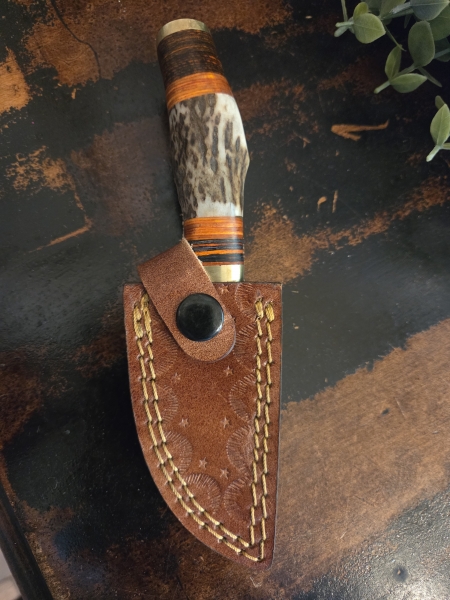 Deer Antler Damascus knife with sheath