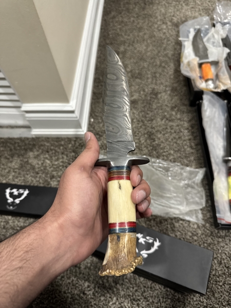 CAMEL BONE AND ANTLER DAMASCUS KNIFE