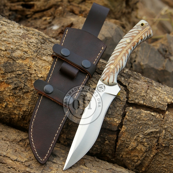 Handmade D 2 Tool Steel Hunting Knife W White Pine Cone Handle & Genuine Cowhide  Leather Sheath