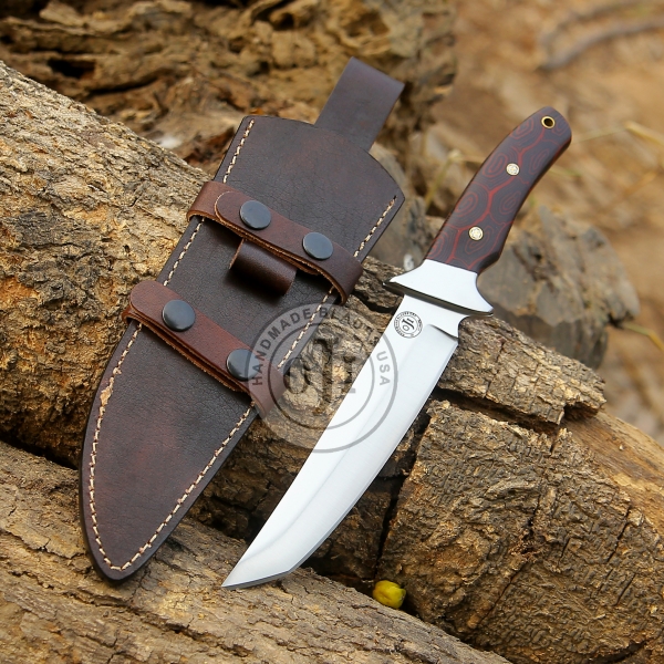 TANTO D2 Tool Steel Knife Steel Bolster Red Black Micarta Handle Genuine Cowhide Leather Sheath
