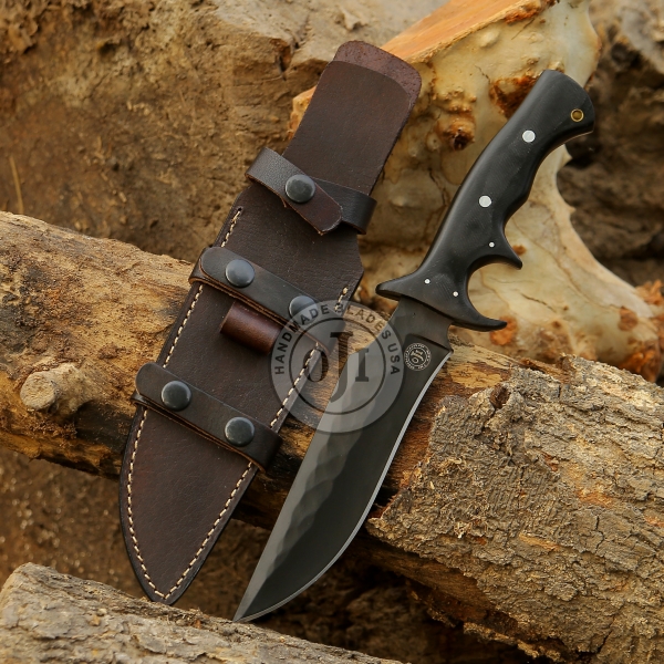 AUS 8 Steel BOWIE Sub Hilt Knife Black Blade & Black Micarta Handle Genuine Cowhide Leather Sheath