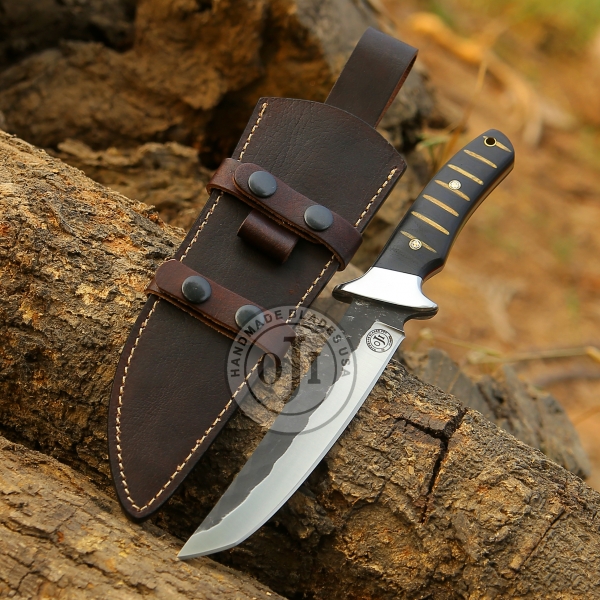 TANTO D2 Tool Steel Hammered Knife & Black Stick Micarta Handle W Genuine Cowhide Leather Sheath