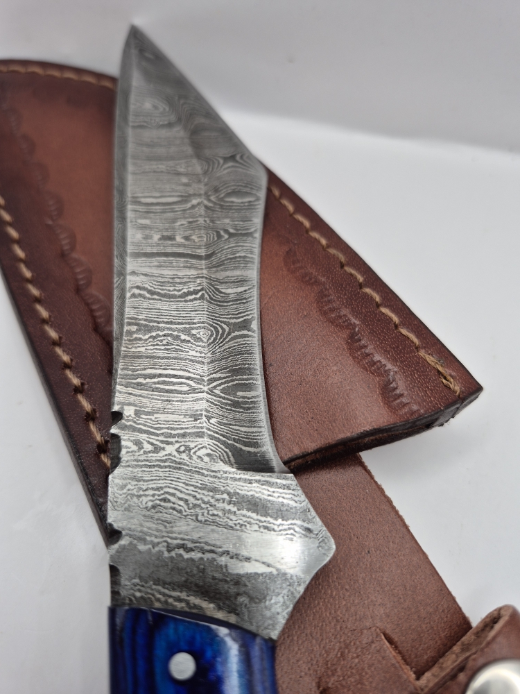 NEW!!! Handmade Damascus Steel Collector Knife – Blue Wooden Handle with Sheath