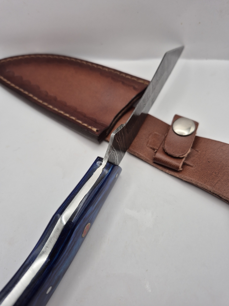 NEW!!! Handmade Damascus Steel Collector Knife – Blue Wooden Handle with Sheath
