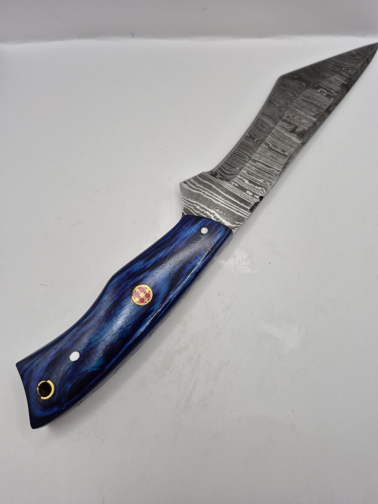 NEW!!! Handmade Damascus Steel Collector Knife – Blue Wooden Handle with Sheath