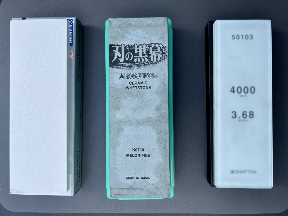 Shapton Glass 4k, Shapton Pro 8k, Naniwa Super 12k + free strop