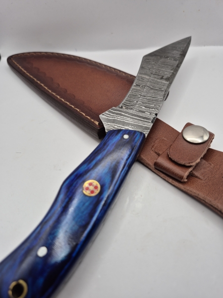 NEW!!! Handmade Damascus Steel Collector Knife – Blue Wooden Handle with Sheath