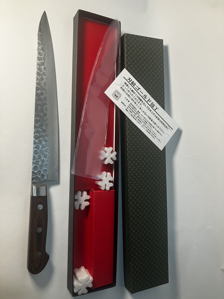 Seisuke Hamono VG10 Hammered Damascus 240mm Sujihiki Knife Sashimi Slicer