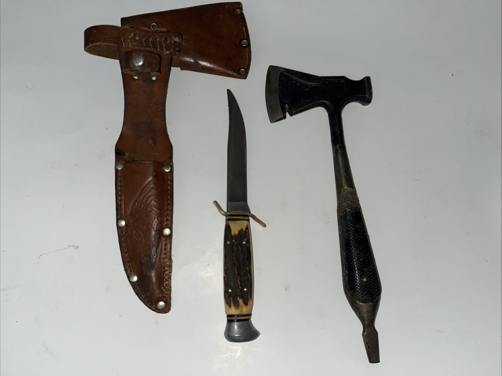 Vintage WWII DGM 5664-87 German Multitool Axe Hatchet Hammer Screwdriver With VINTAGE BLACKHAWK BRAND KNIFE