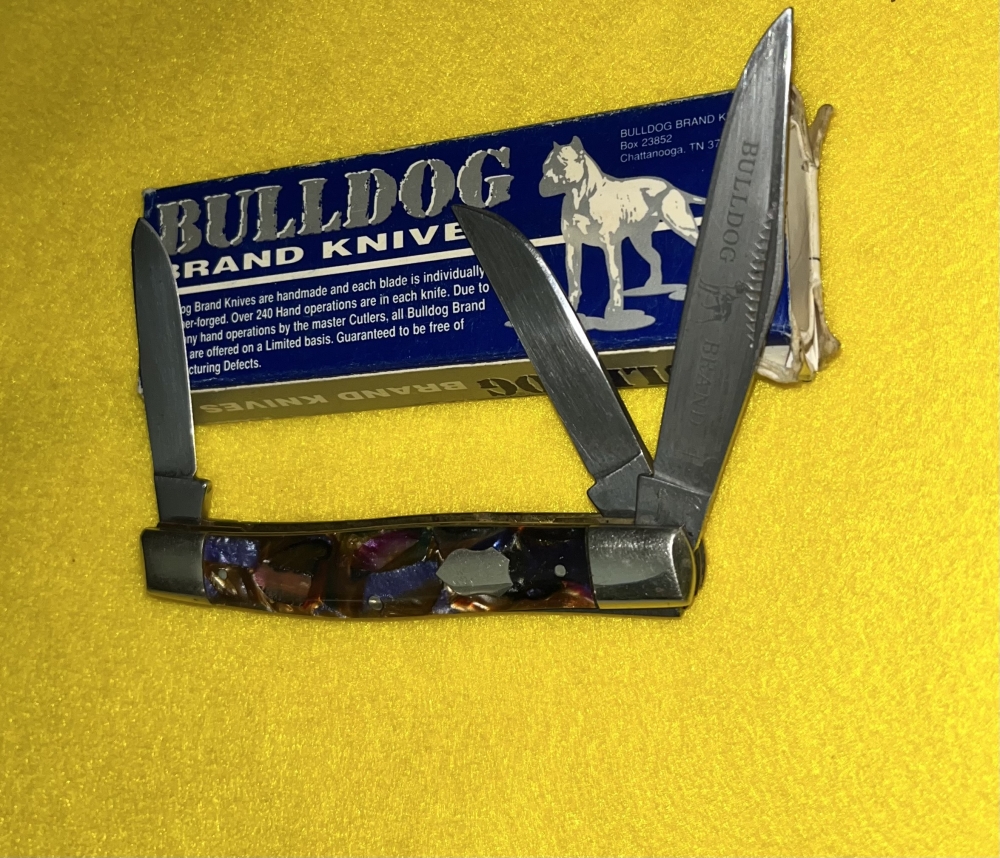 VTG 2000 BULLDOG BRAND PURPLE SWIRL CELLULOID STOCKMAN KNIFE