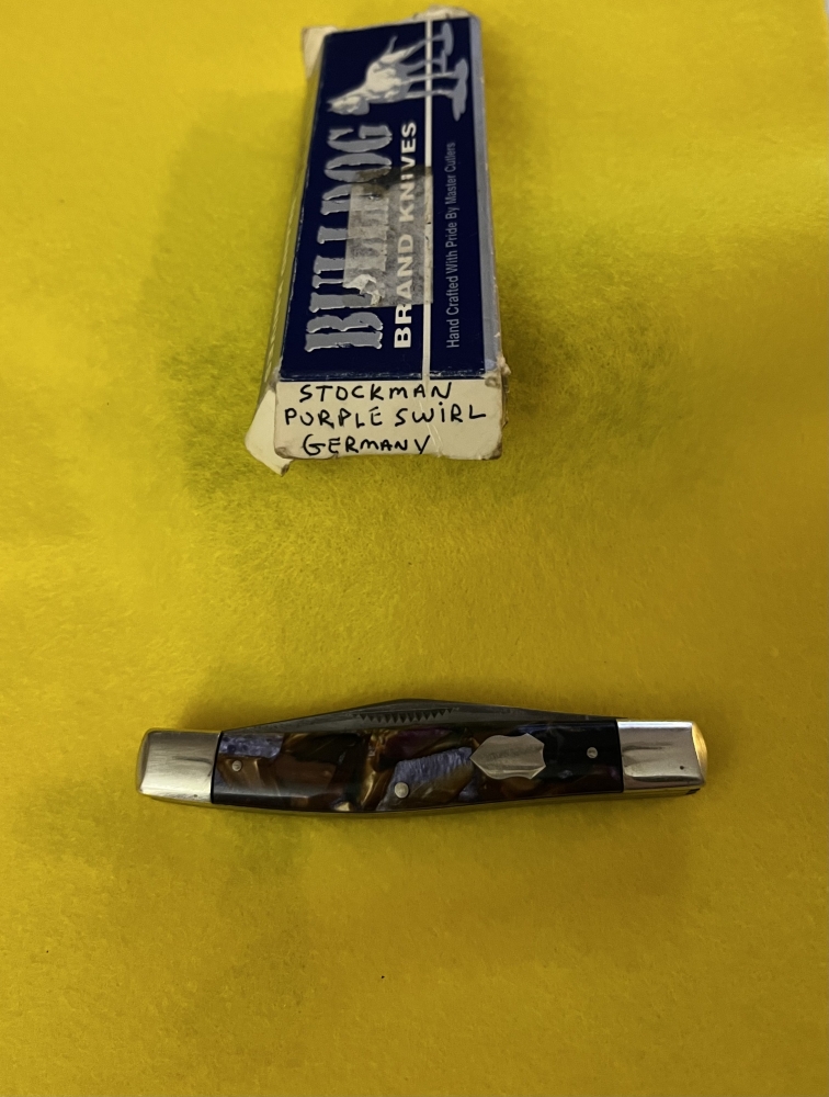 VTG 2000 BULLDOG BRAND PURPLE SWIRL CELLULOID STOCKMAN KNIFE