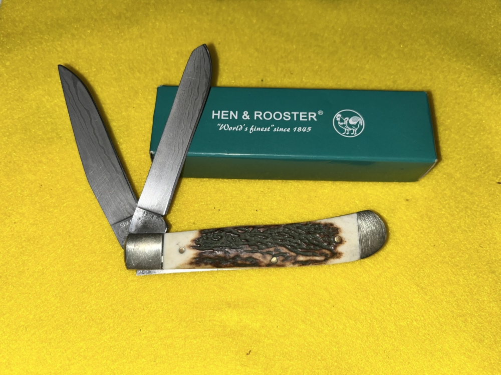 NOS HEN & ROOSTER 312 DEER STAG/DAMASCUS FOLDING KNIFE SPAIN