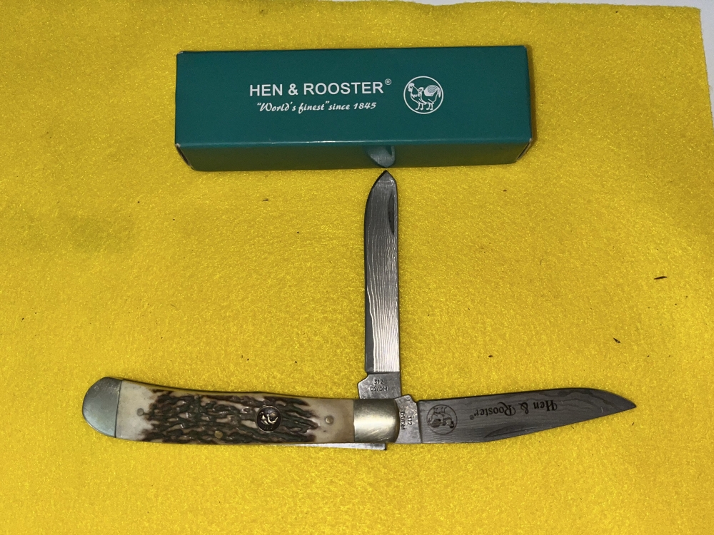 NOS HEN & ROOSTER 312 DEER STAG/DAMASCUS FOLDING KNIFE SPAIN