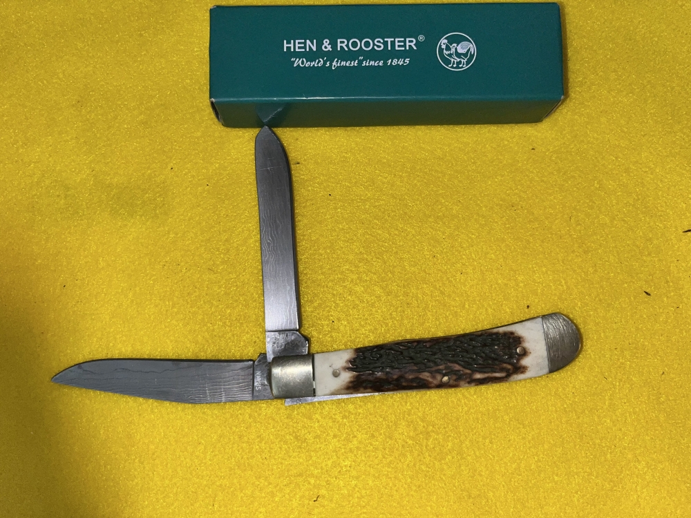 NOS HEN & ROOSTER 312 DEER STAG/DAMASCUS FOLDING KNIFE SPAIN