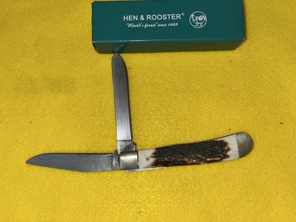 NOS HEN & ROOSTER 312 DEER STAG/DAMASCUS FOLDING KNIFE SPAIN