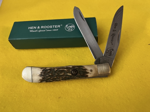 NOS HEN & ROOSTER 312 DEER STAG/DAMASCUS FOLDING KNIFE SPAIN