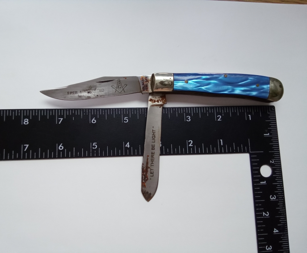 VINTAGE OLD RAM FREE MASON \"LET THERE BE LIGHT\" 2 BLADE FOLDING KNIFE