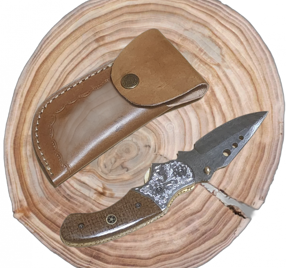 Damascus blade pocketknife with leather sheath