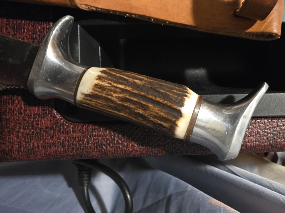 Vintage 1950's Solingen, Germany Edge Brand Stainless Stag Bone Handle Buffalo Skinner 4.25\" Fixed Blade