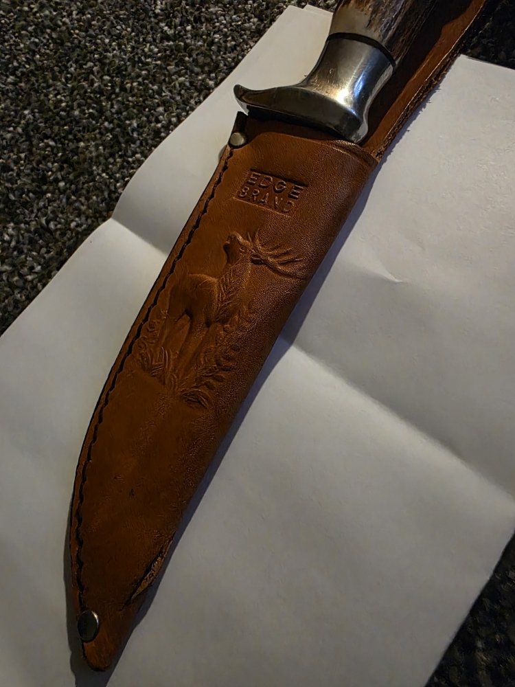 Vintage 1950's Solingen, Germany Edge Brand Stainless Stag Bone Handle Buffalo Skinner 4.25\" Fixed Blade