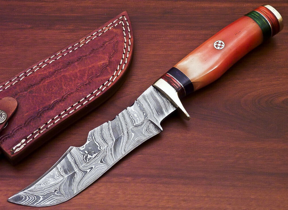 New 10\" Damascus Hunting Knife, Camel Bone Handle, Brass Guard