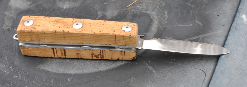 Cork Handled Italian Made 13cms Closed Folding Lanyard Hole Serrated Top Bottle Opener Locks In Place Mint 1960's