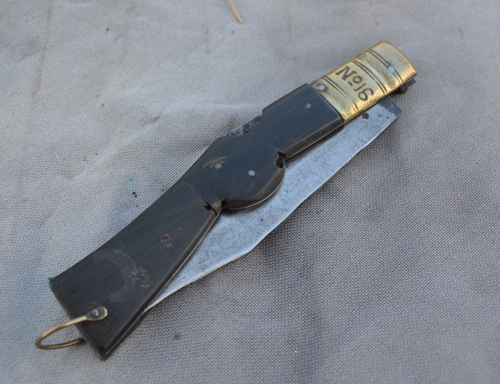 Very Old Lock Blade 16cms Closed 2 Piece Horn Handles Held Down By 5 Iron Pins Iron Liners Threaded Brass Bolster 13cm Forged Blade Walks And Talks Tight No Wobble Several Blade Markings Looks Early 19th Century No Blade Wear Looks Home made