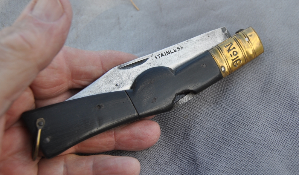 Very Old Lock Blade 16cms Closed 2 Piece Horn Handles Held Down By 5 Iron Pins Iron Liners Threaded Brass Bolster 13cm Forged Blade Walks And Talks Tight No Wobble Several Blade Markings Looks Early 19th Century No Blade Wear Looks Home made