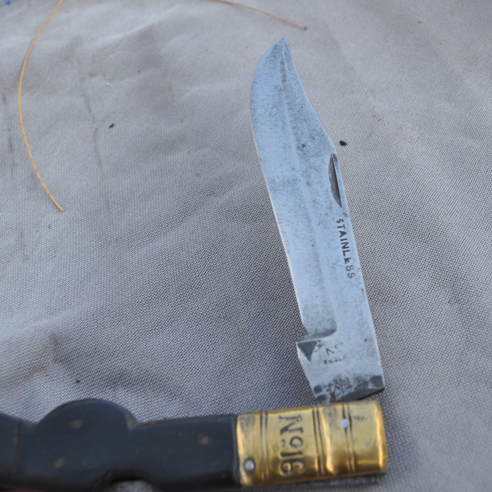 Very Old Lock Blade 16cms Closed 2 Piece Horn Handles Held Down By 5 Iron Pins Iron Liners Threaded Brass Bolster 13cm Forged Blade Walks And Talks Tight No Wobble Several Blade Markings Looks Early 19th Century No Blade Wear Looks Home made