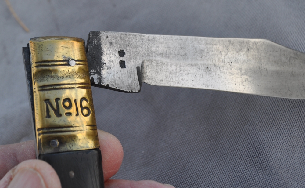 Very Old Lock Blade 16cms Closed 2 Piece Horn Handles Held Down By 5 Iron Pins Iron Liners Threaded Brass Bolster 13cm Forged Blade Walks And Talks Tight No Wobble Several Blade Markings Looks Early 19th Century No Blade Wear Looks Home made