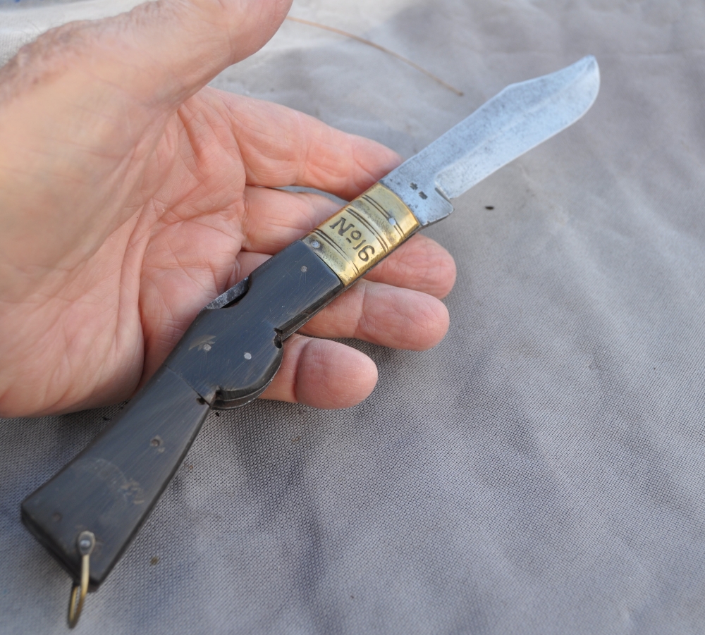 Very Old Lock Blade 16cms Closed 2 Piece Horn Handles Held Down By 5 Iron Pins Iron Liners Threaded Brass Bolster 13cm Forged Blade Walks And Talks Tight No Wobble Several Blade Markings Looks Early 19th Century No Blade Wear Looks Home made