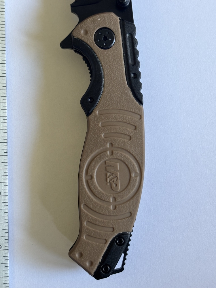 Smith & Wesson M&P SWMP13GLS-1022 — Tan Handle, Partially Serrated Black Blade, Liner Lock