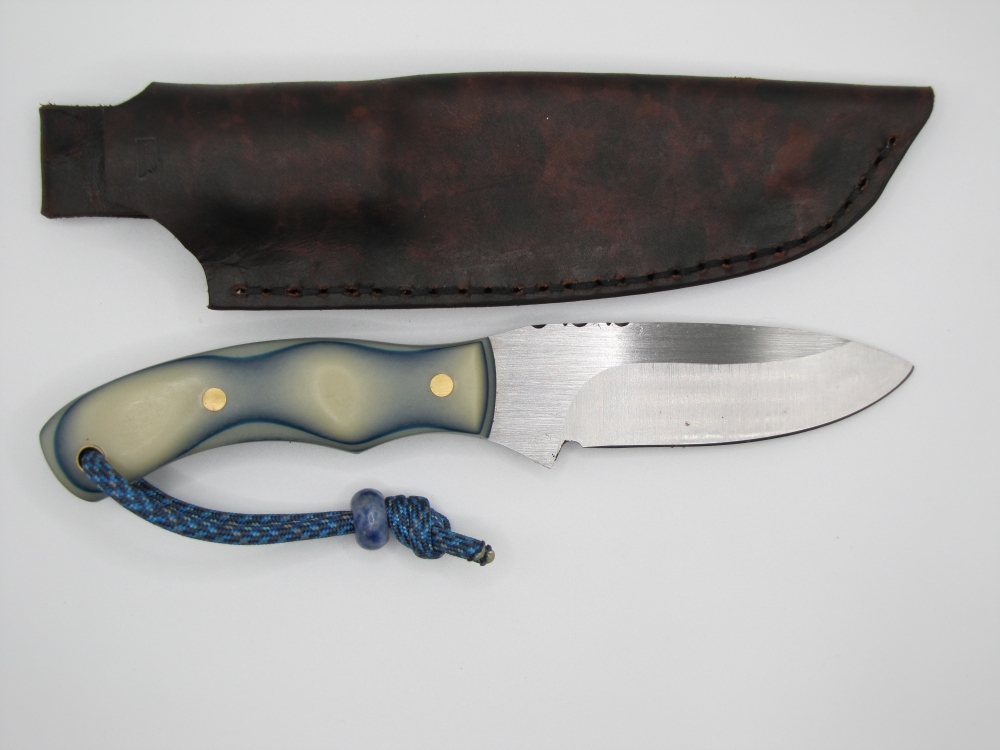 1095 high carbon steel drop point utility knife with a white and blue micarda handle