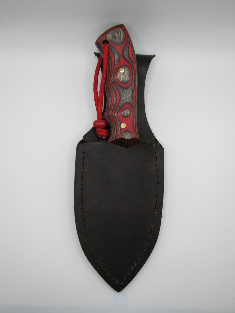 1095 high carbon steel camp knife with a red and black dymalux handle