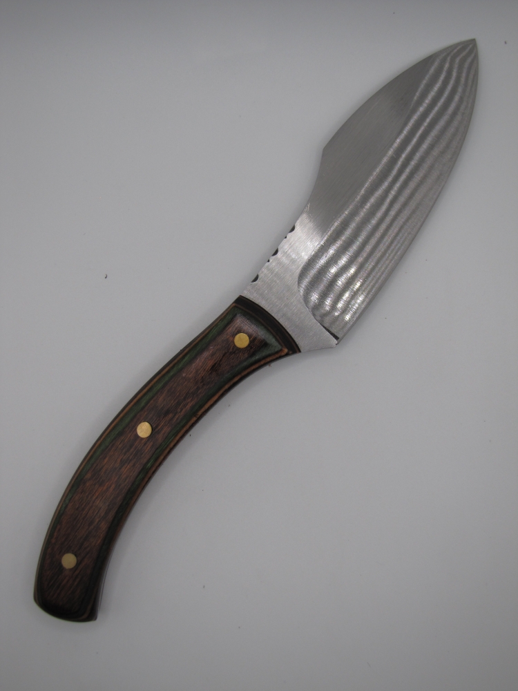 1095 high carbon steel drop point camp knife with natural,green,walnut dymalux handle