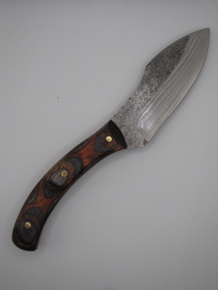1095 high carbon steel camp knife with a walnut and black dymalux handle