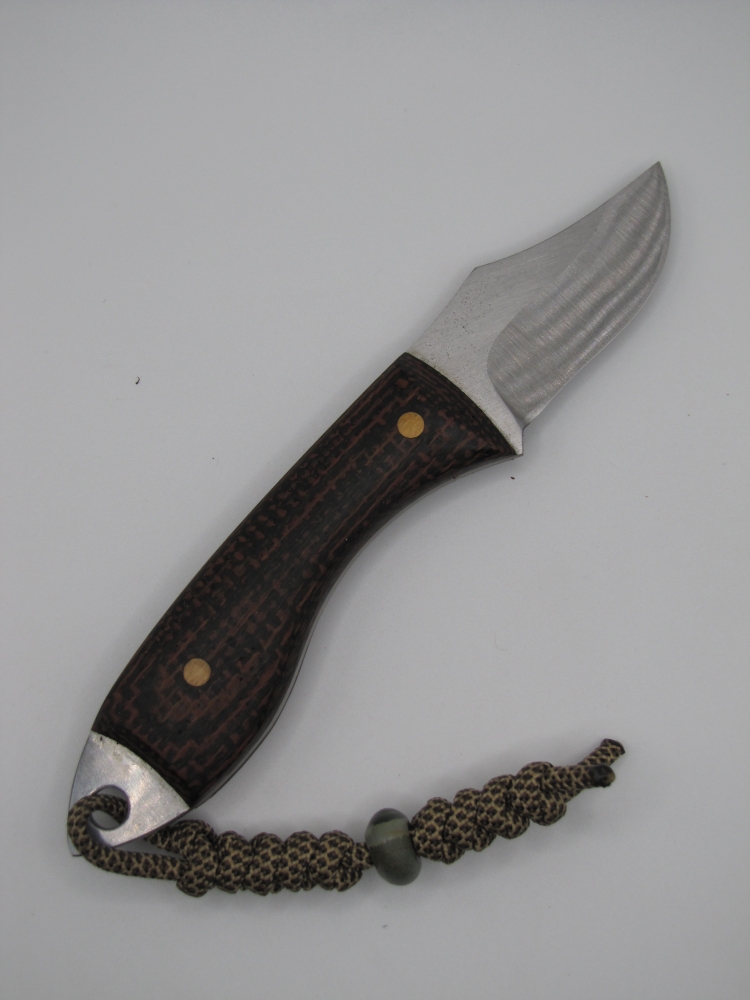 1095 high carbon steel clip point utility knife with a burlap micarta handle