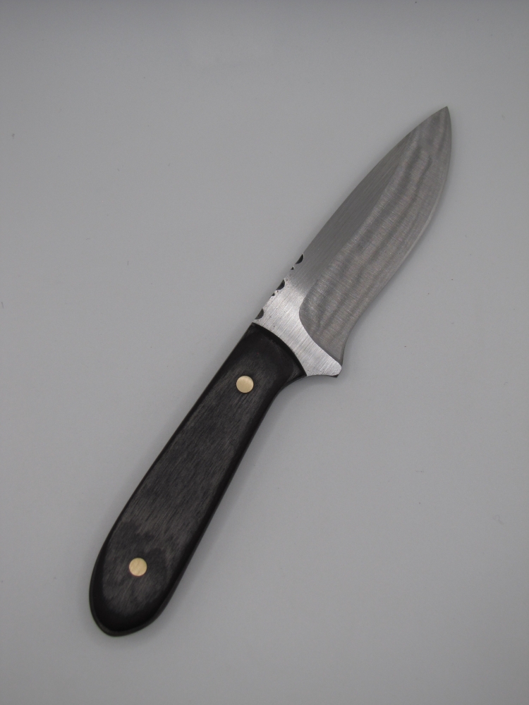 drop point utility knife 1095 highcarbon steel with a black an purple dymalux handle