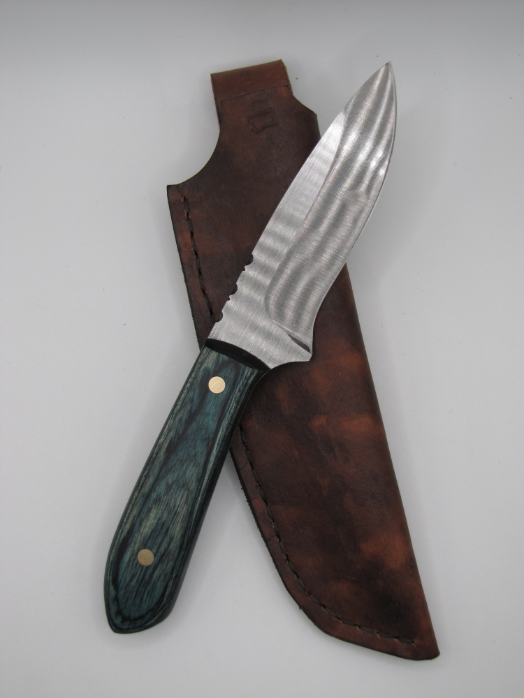 drop point utility knife 1095 high carbon steel with a indigo blue dymalux handle