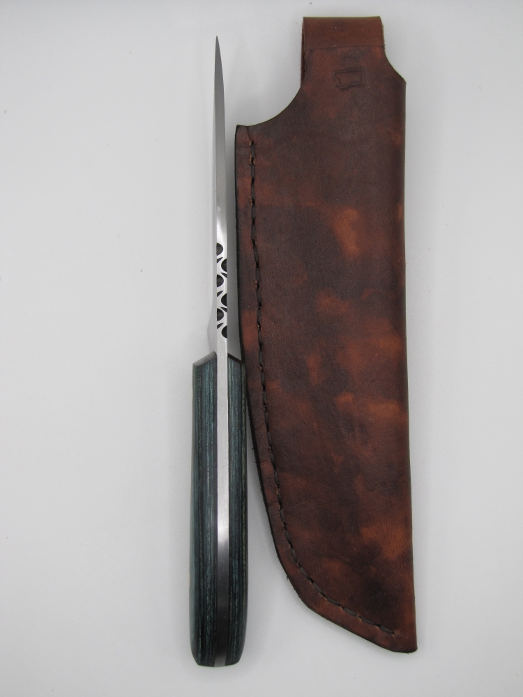 drop point utility knife 1095 high carbon steel with a indigo blue dymalux handle