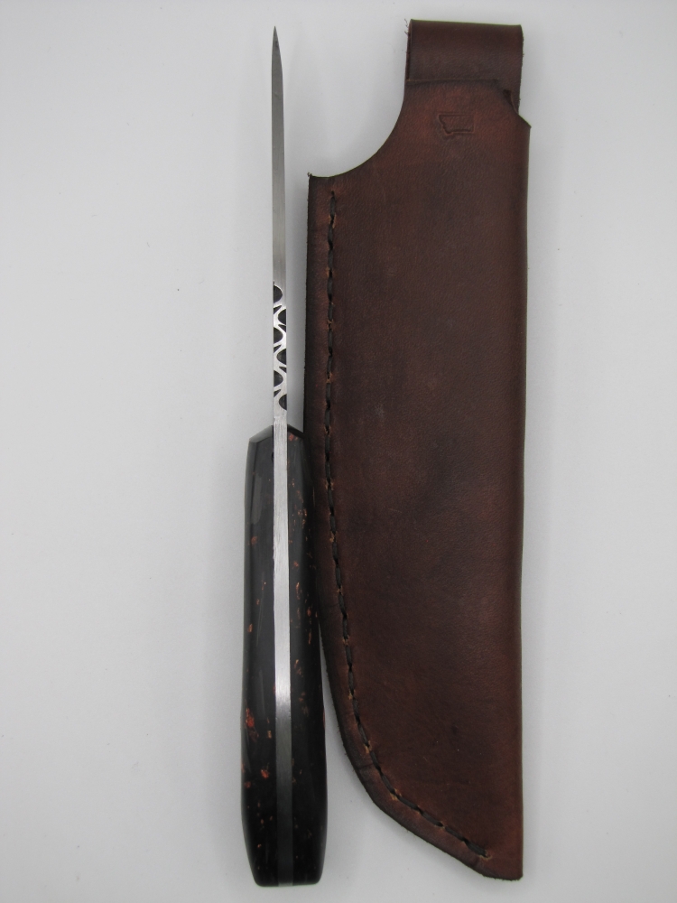 1095 high carbon steel drop point utility knife with a carbon fiber and copper handle