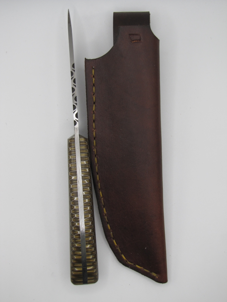 1095 highcarbon steel utility drop point knife with a golden honeycomb epoxy handle