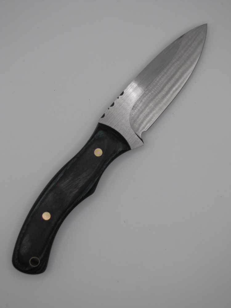 1095 high carbon steel drop point utility knife with a indigo and black dylamux handle