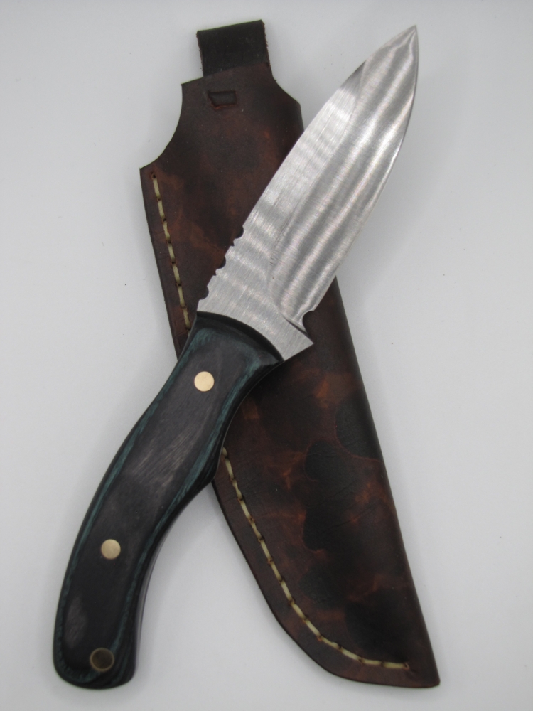 1095 high carbon steel drop point utility knife with a indigo and black dylamux handle