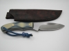 1095 high carbon steel drop point utility knife with a white and blue micarda handle