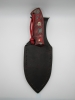 1095 high carbon steel camp knife with a red and black dymalux handle